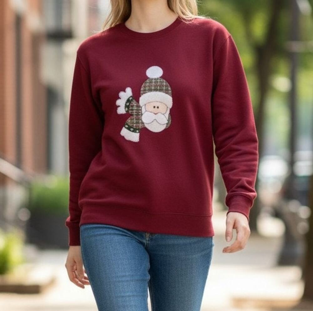 Jerzees Red Christmas Sweatshirt Large Long Sleeve Santa Claus Graphic Holiday